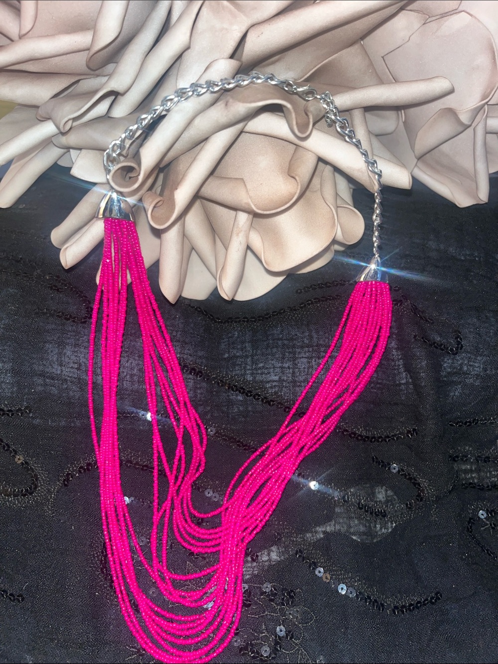 Hot Pink Multi-Strand Beaded Necklace with Silver Chain Accents